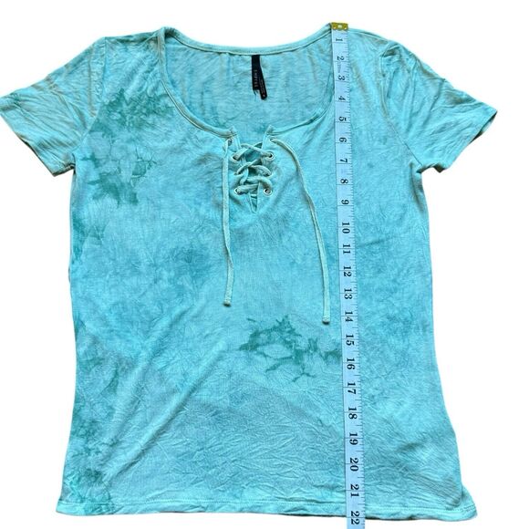 Women's S Empyre Blue Green Tie Dye Short Sleeve Shirt Small Lace Up Front Tee - Picture 6 of 7